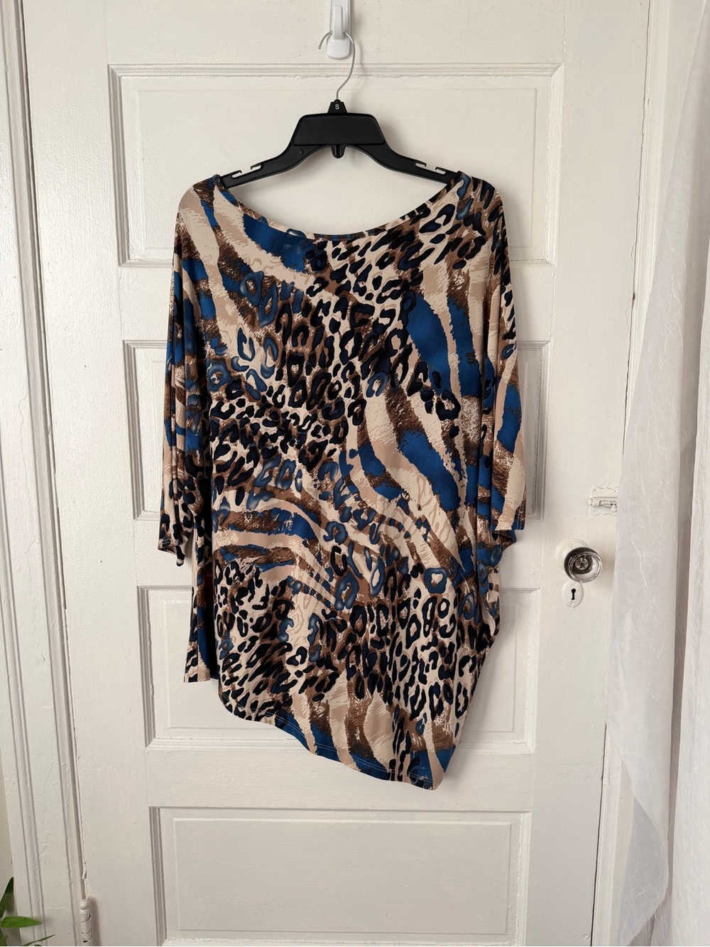 Clara Sun Woo Asymmetrical Animal Print Tunic Top Boat Neck Drapey Relaxed Artsy